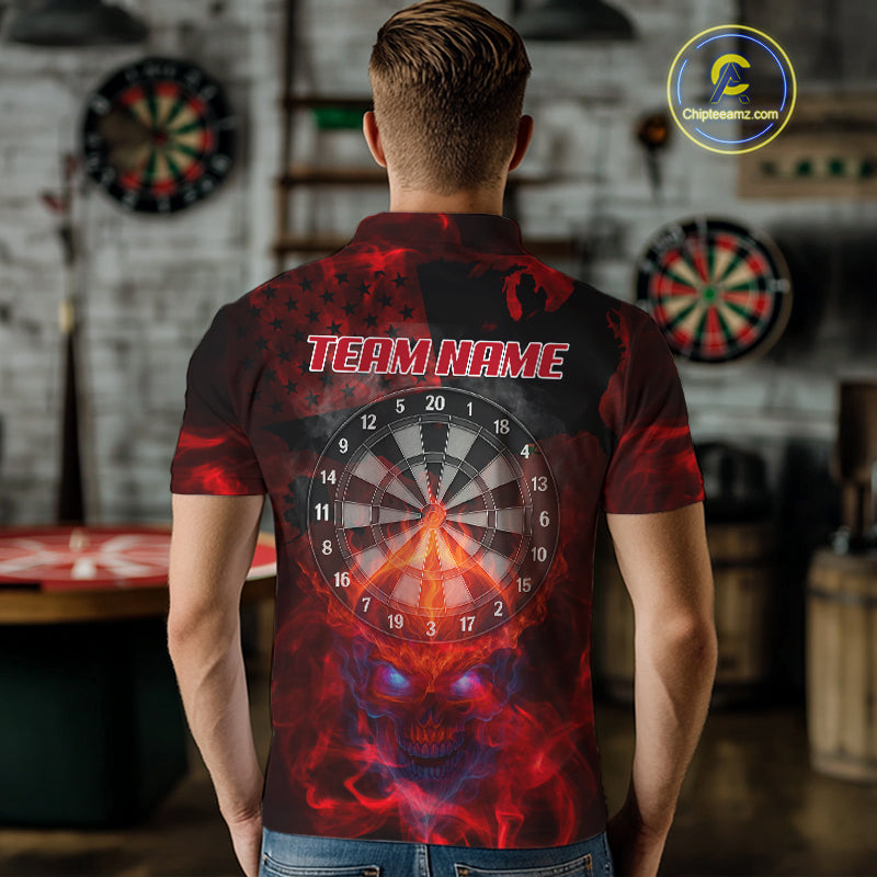 US Flag & Skull Custom Patriotic Red Dart Polo Shirts For Men, Dart Team Jerseys NYN0785