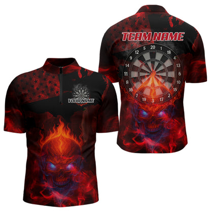 US Flag & Skull Custom Patriotic Red Dart 1/4-Zip Shirts For Men, Dart Team Jerseys NYN0785