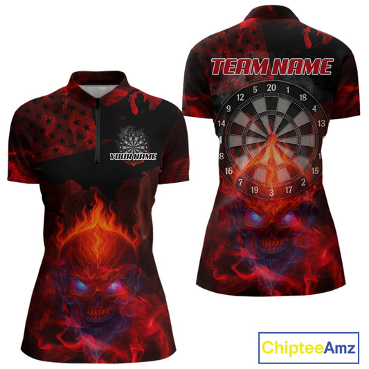 US Flag & Skull Custom Patriotic Red Dart 1/4-Zip Shirts For Women, Dart Team Jerseys NYN0785