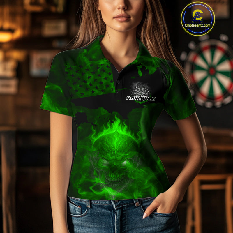US Flag & Skull Custom Patriotic Green Dart Polo Shirts For Women, Dart Team Jerseys NYN0786