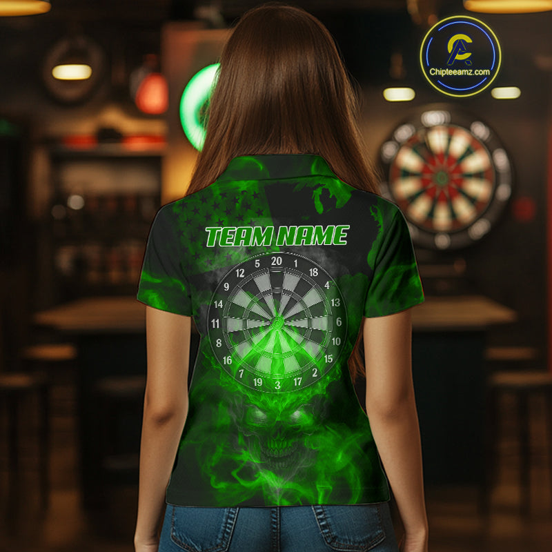 US Flag & Skull Custom Patriotic Green Dart Polo Shirts For Women, Dart Team Jerseys NYN0786
