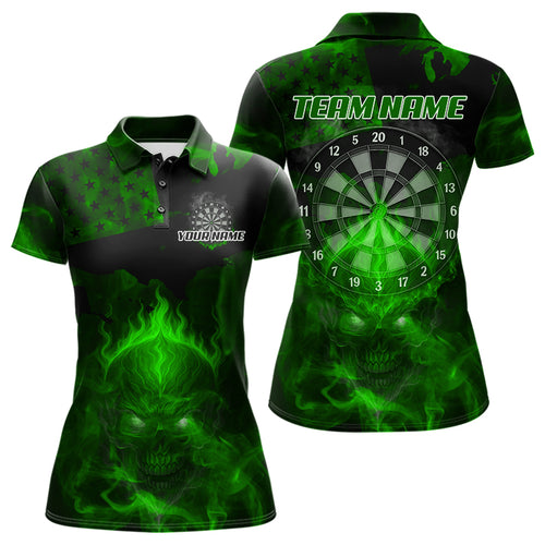 US Flag & Skull Custom Patriotic Green Dart Polo Shirts For Women, Dart Team Jerseys NYN0786