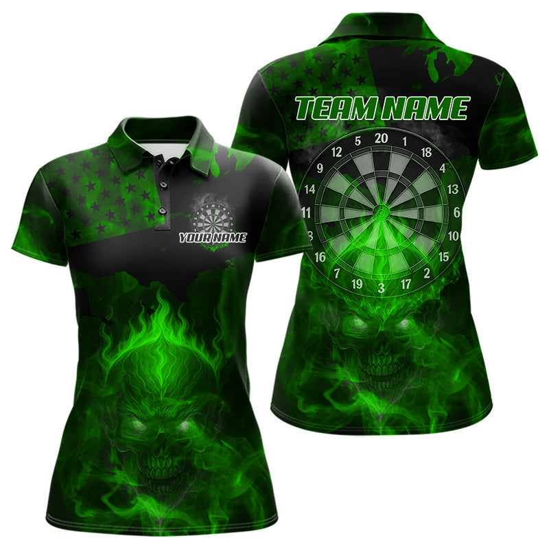US Flag & Skull Custom Patriotic Green Dart Polo Shirts For Women, Dart Team Jerseys NYN0786