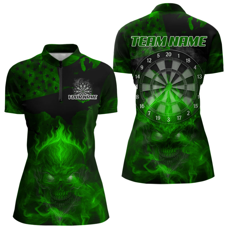 US Flag & Skull Custom Patriotic Green Dart 1/4-Zip Shirts For Men, Dart Team Jerseys NYN0786