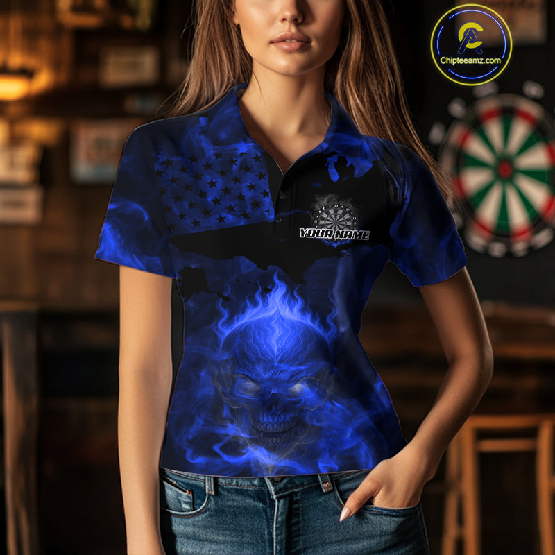 US Flag & Skull Custom Patriotic Blue Dart Polo Shirts For Women, Dart Team Jerseys NYN0787