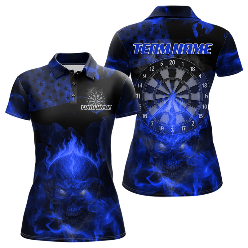 US Flag & Skull Custom Patriotic Blue Dart Polo Shirts For Women, Dart Team Jerseys NYN0787