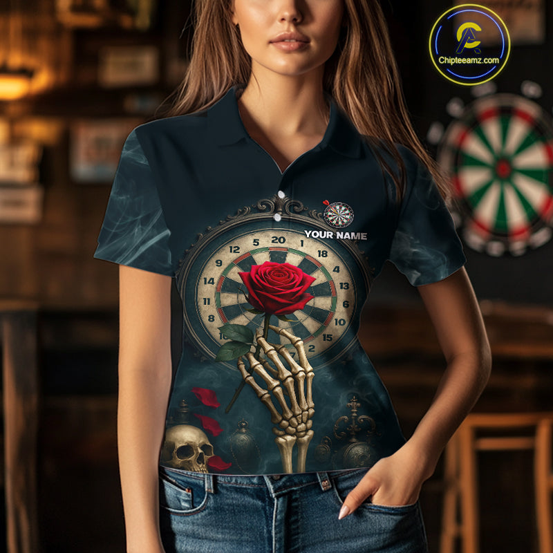 Custom Funny Skull Red Rose Women Dart Shirts Personalized Dart Team Jerseys, Dart Gifts NYN1169