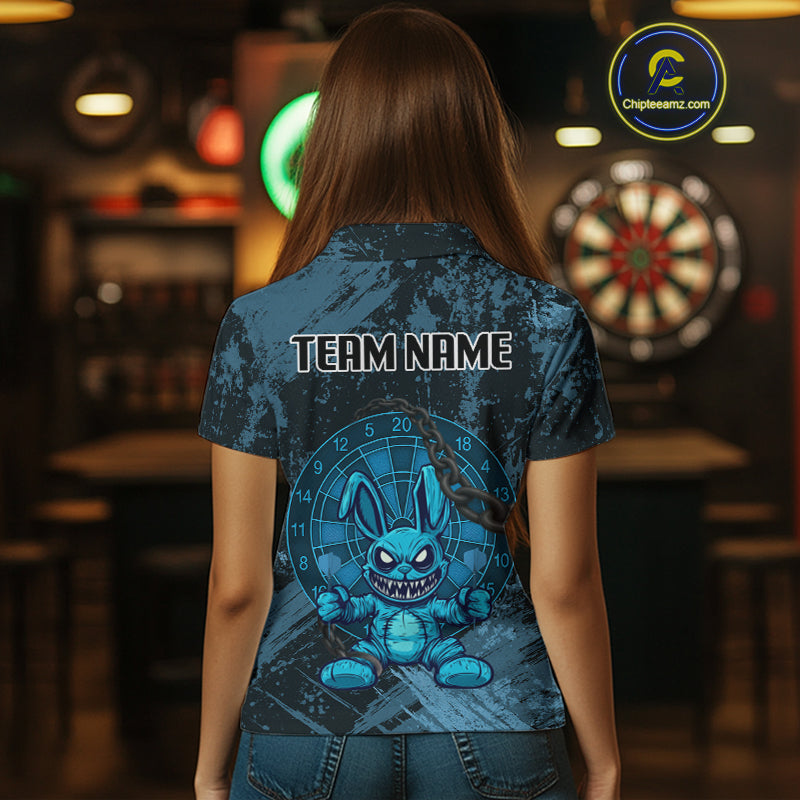 Crazy Rabbit Dartboard Arrows Grunge Darts Shirt For Women - Custom Name & Team | Opt1 - Blue NYN0628