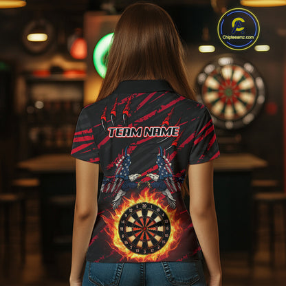 Flaming Darts & US Flag Eagle Women's Red Darts Polo Shirt - Custom Name For Dart Players NYN0802