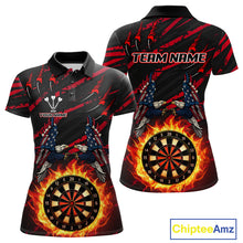 Load image into Gallery viewer, Flaming Darts &amp; US Flag Eagle Women&#39;s Red Darts Polo Shirt - Custom Name For Dart Players NYN0802