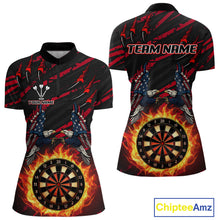 Load image into Gallery viewer, Flaming Darts &amp; US Flag Eagle Women's Red Darts Polo Shirt - Custom Name For Dart Players NYN0802