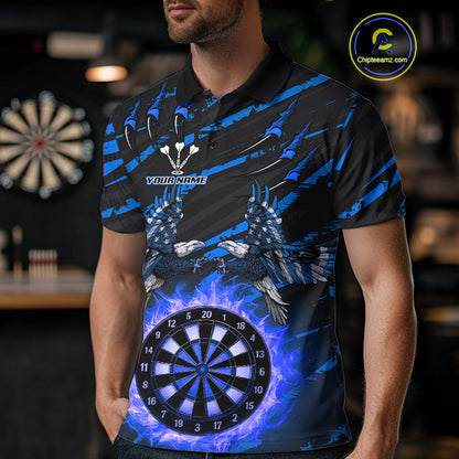 Flaming Darts & US Flag Eagle Men's Blue Darts Polo Shirt - Custom Name For Dart Players NYN0803