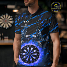 Load image into Gallery viewer, Flaming Darts &amp; US Flag Eagle Men's Blue Darts Polo Shirt - Custom Name For Dart Players NYN0803