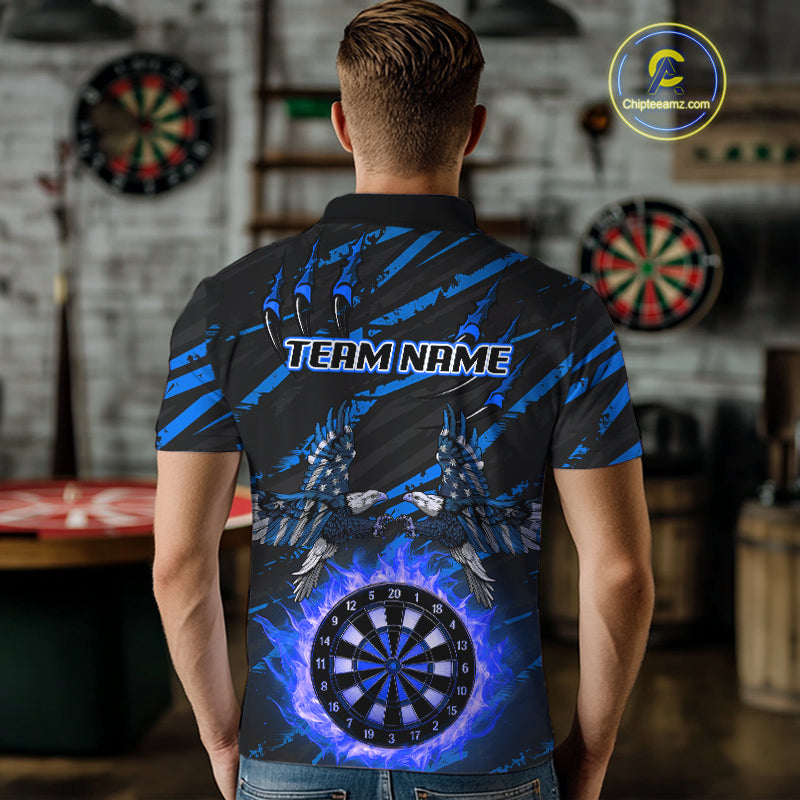 Flaming Darts & US Flag Eagle Men's Blue Darts Polo Shirt - Custom Name For Dart Players NYN0803