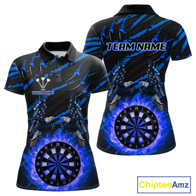 Flaming Darts & US Flag Eagle Women's Blue Darts Polo Shirt - Custom Name For Dart Players NYN0803