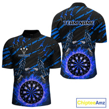 Load image into Gallery viewer, Flaming Darts &amp; US Flag Eagle Men's Blue Darts 1/4-Zip Shirt - Custom Name For Dart Players NYN0803