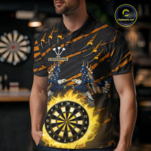Load image into Gallery viewer, Flaming Darts &amp; US Flag Eagle Men's Yellow Darts Polo Shirt - Custom Name For Dart Players NYN0804