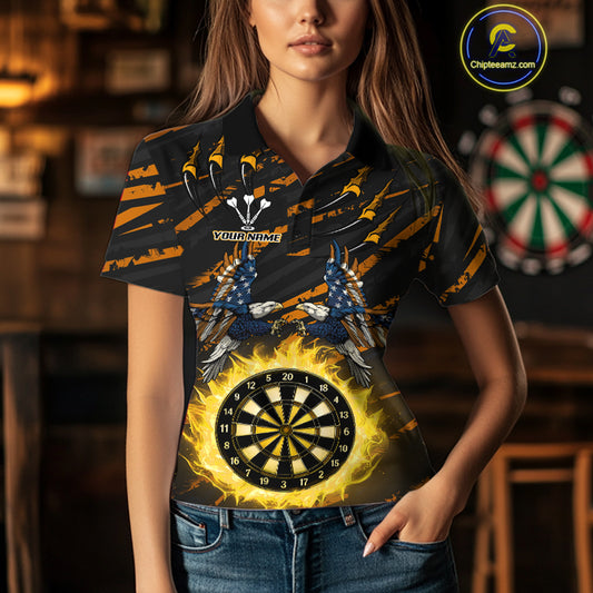 Flaming Darts & US Flag Eagle Women's Yellow Darts Polo Shirt - Custom Name For Dart Players NYN0804