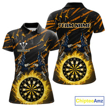 Load image into Gallery viewer, Flaming Darts &amp; US Flag Eagle Women&#39;s Yellow Darts Polo Shirt - Custom Name For Dart Players NYN0804
