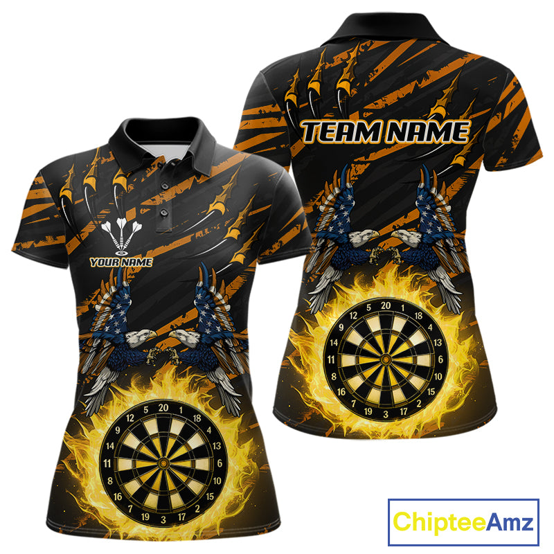 Flaming Darts & US Flag Eagle Women's Yellow Darts Polo Shirt - Custom Name For Dart Players NYN0804