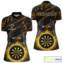 Load image into Gallery viewer, Flaming Darts &amp; US Flag Eagle Women's Yellow Darts 1/4-Zip Shirt - Custom Name For Dart Players NYN0804