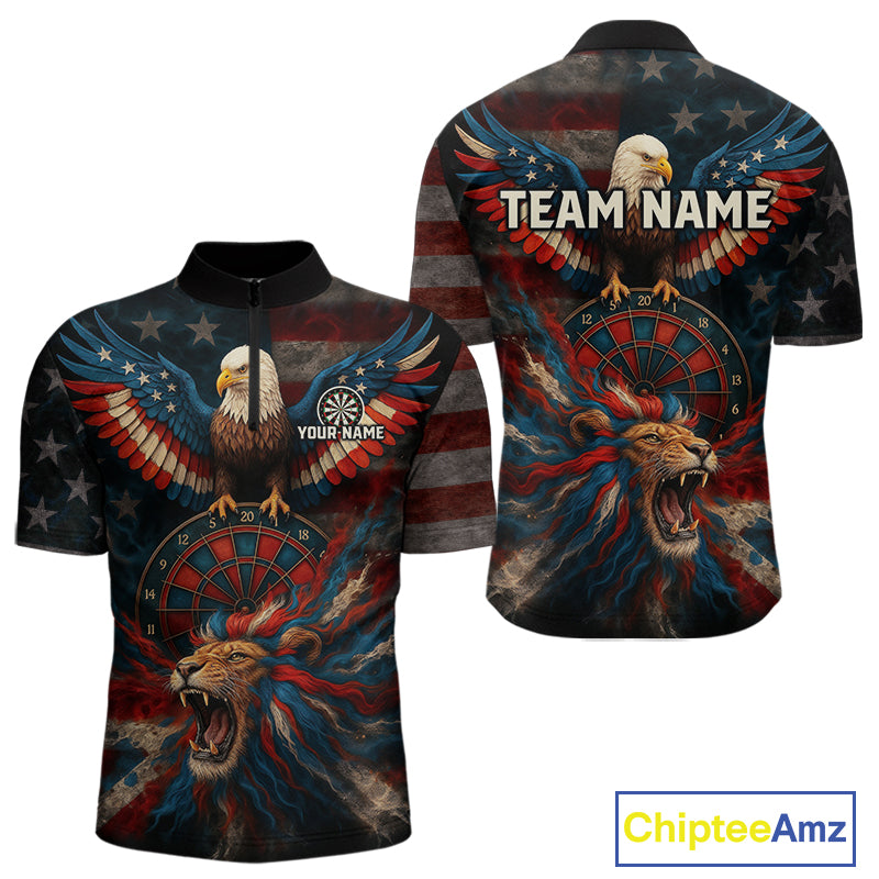 Men's Patriotic Darts Shirt Personalized US Flag Lion Dartboard Outfit Team Dart Jersey NYN1212