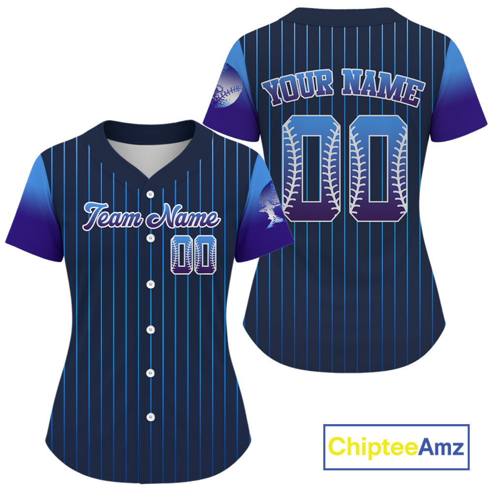 Custom Navy Pinstripe Button Up Baseball Shirt For Women Classic Youth Baseball Jerseys NYN0812