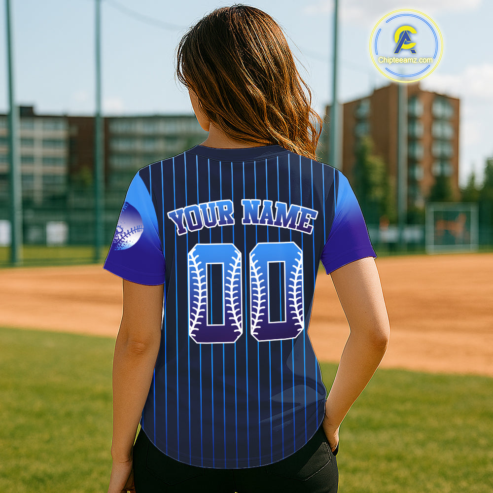 Custom Navy Pinstripe Button Up Baseball Shirt For Women Classic Youth Baseball Jerseys NYN0812