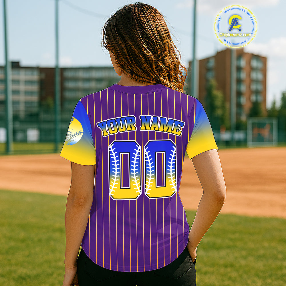 Custom Purple Pinstripe Button Up Baseball Shirt For Women Classic Youth Baseball Jerseys NYN0813
