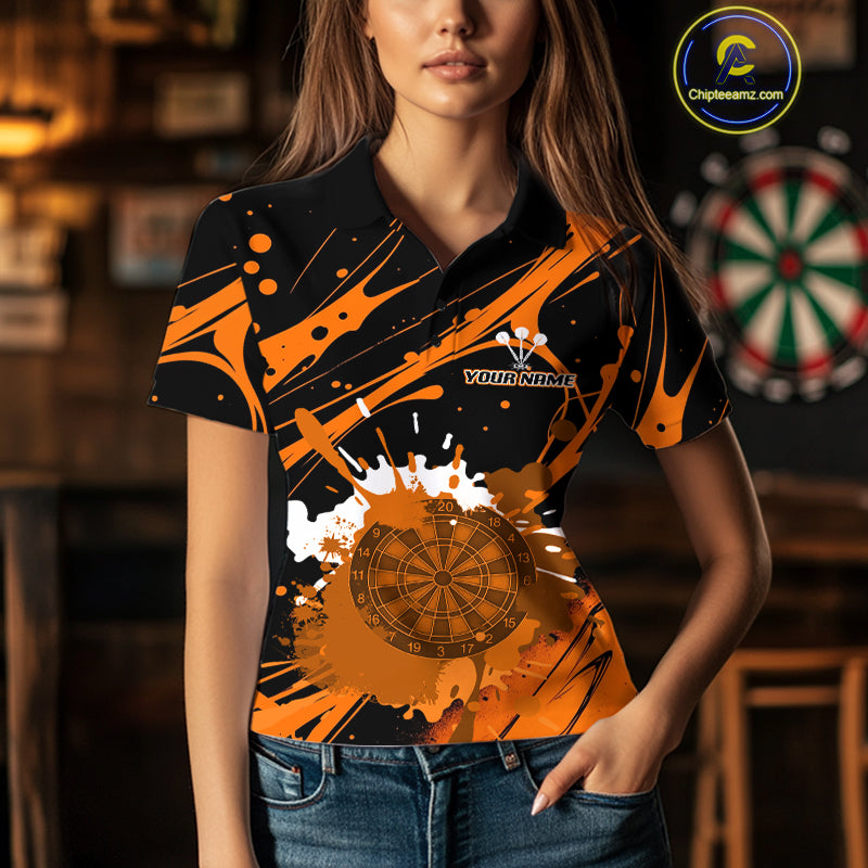 Splashed Color Dartboard Grunge Women's Darts Shirt Custom Name & Team | Opt1 - Orange NYN0648