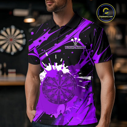 Splashed Color Dartboard Grunge Men's Darts Shirt Custom Name & Team | Opt2 - Purple NYN0649