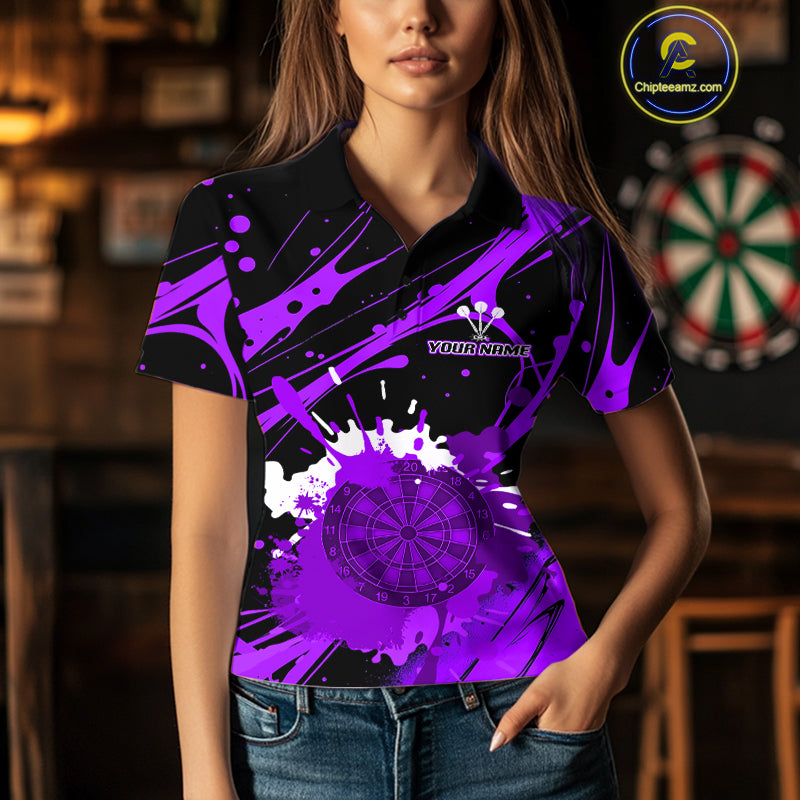 Splashed Color Dartboard Grunge Women's Darts Shirt Custom Name & Team | Opt2 - Purple NYN0649