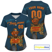 Load image into Gallery viewer, Custom Pumpkin Horror Blue Halloween Women Baseball Jersey Halloween Baseball Gifts NYN1283