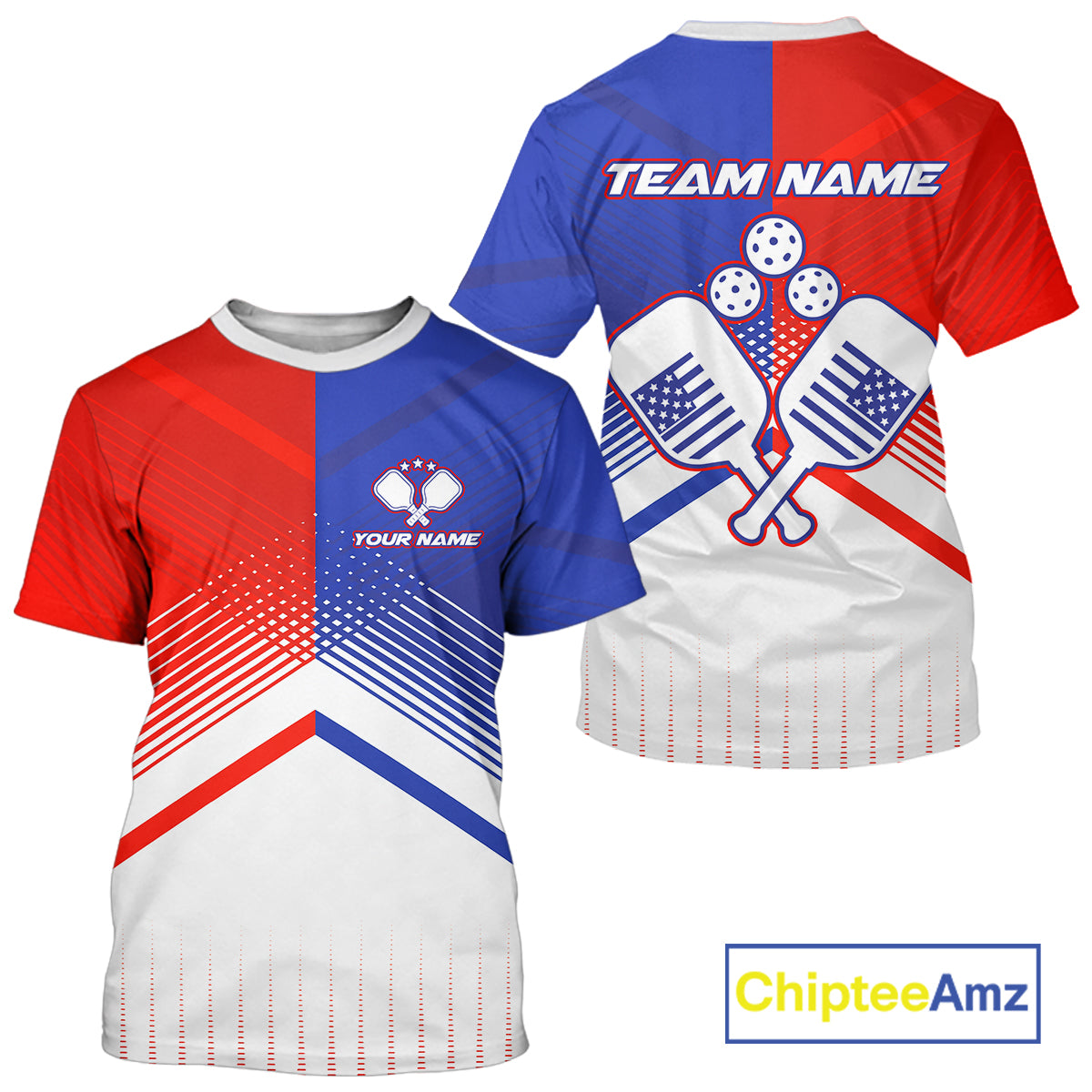 Custom Red & Blue Patriotic Pickleball T-Shirt For Men US Flag Pickleball Paddle Jerseys NYN1298