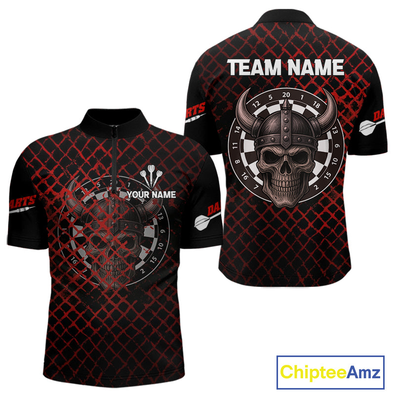 Red Splatter Skull Personalized Viking Men's Dart Shirt - Custom Name For Players NYN0436