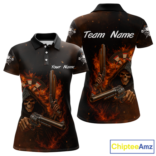 Flaming Grim Reaper Custom Name Darts Jersey For Women Skull Darts Shirt For Players NYN0447