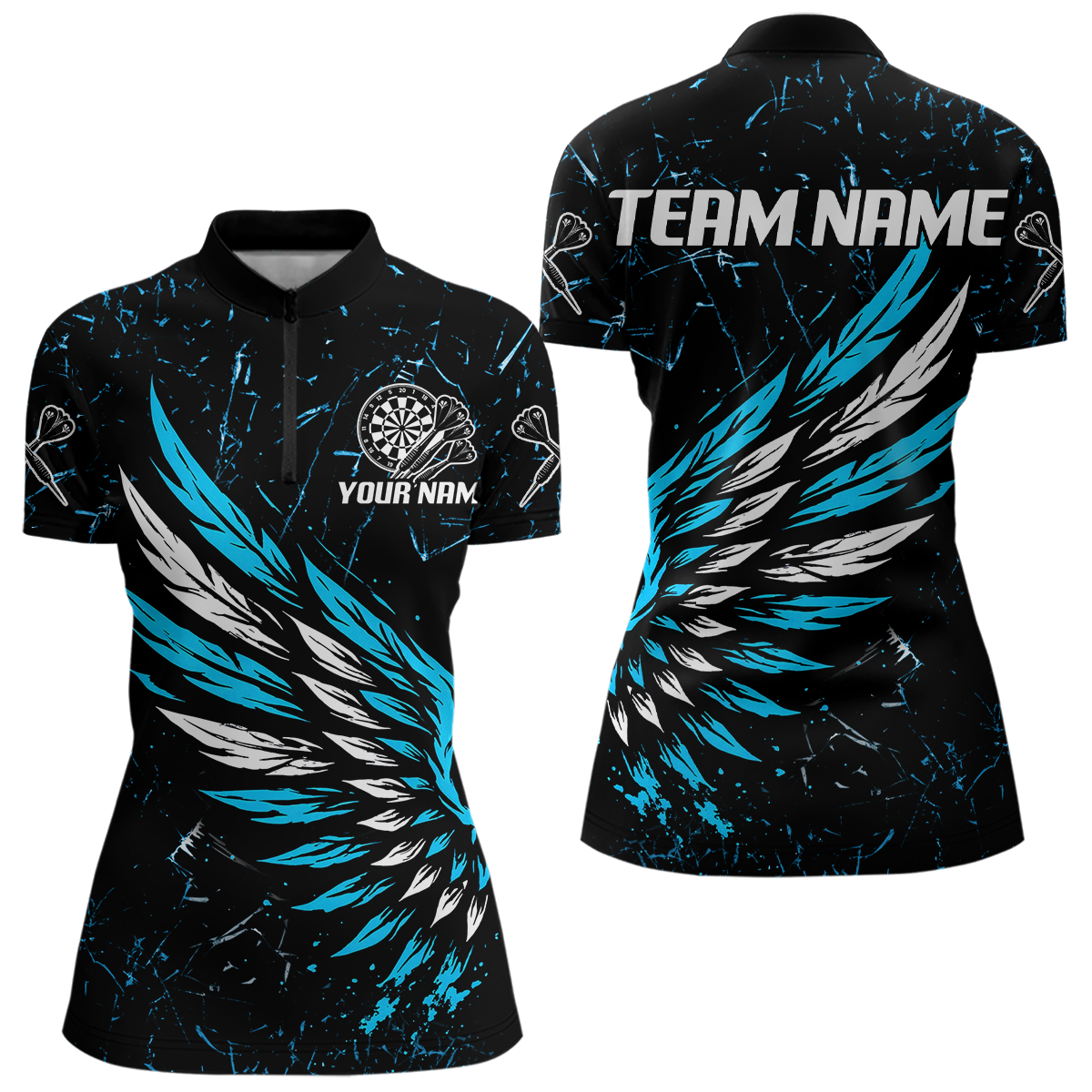 Custom White-Blue Wings Grunge Style Dart Shirt For Women, Dart Team Jerseys NYN0110