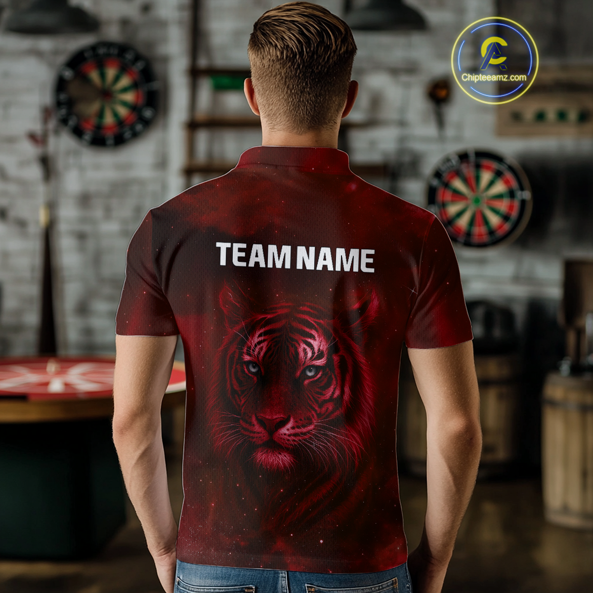 Red Galaxy Tiger Dartboard Men's Darts Team Shirt - Custom Name For Darts Jersey NYN0467