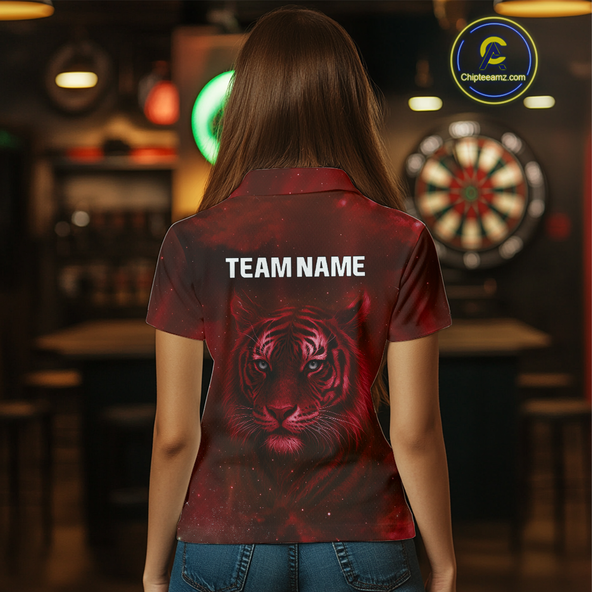 Red Galaxy Tiger Dartboard Women's Darts Team Shirt - Custom Name For Darts Jersey NYN0467