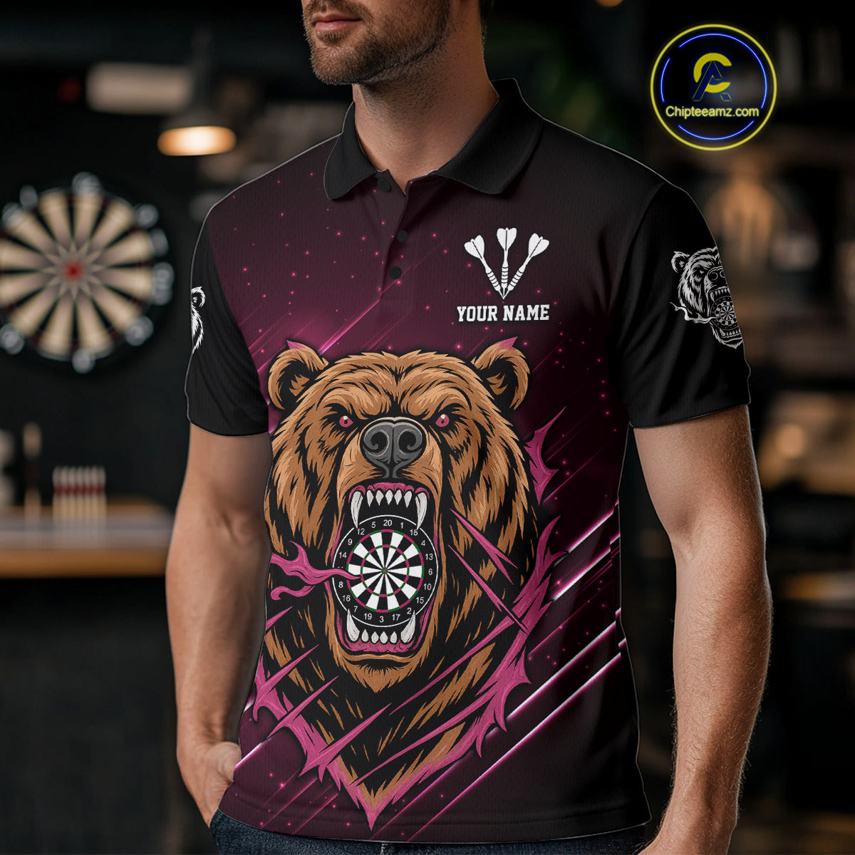 Custom Pink And Brown Bear Dartboard Polo Dart Shirt For Men Outfit Dart Team Jersey NYN1333
