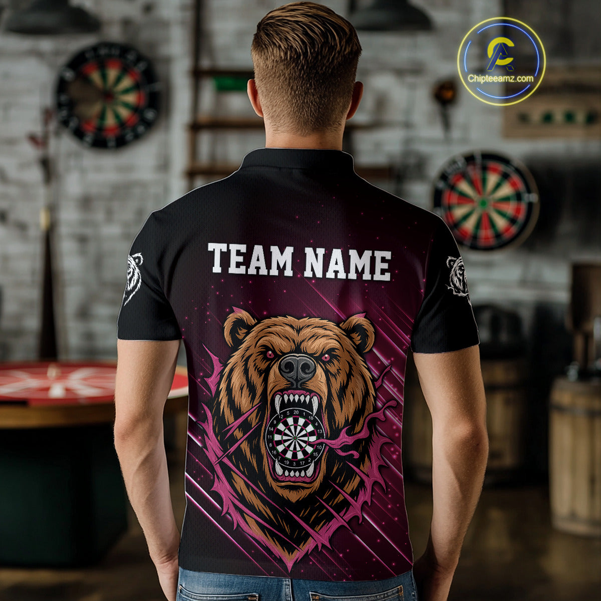 Custom Pink And Brown Bear Dartboard Polo Dart Shirt For Men Outfit Dart Team Jersey NYN1333