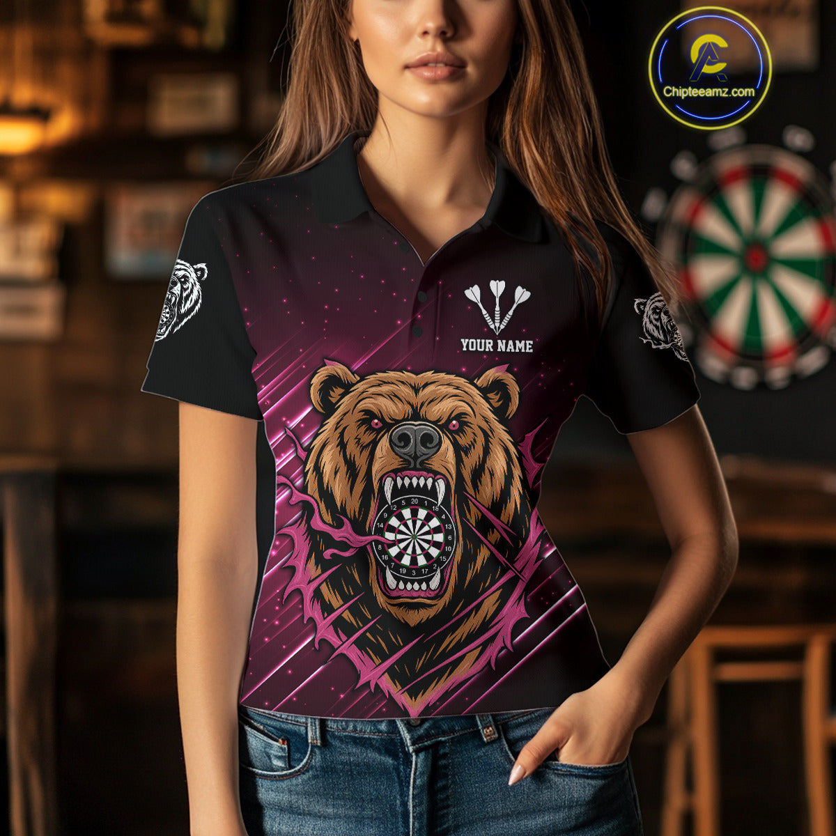 Custom Pink And Brown Bear Dartboard Polo Dart Shirt For Women Outfit Dart Team Jersey NYN1333