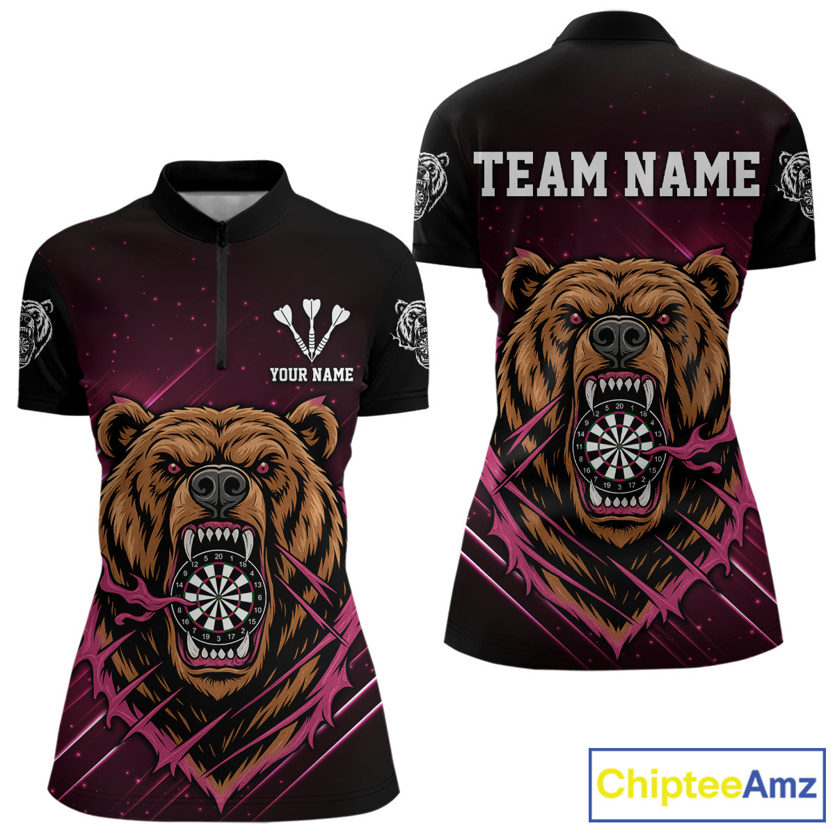 Custom Pink And Brown Bear Dartboard 1/4-Zip Dart Shirt For Women Outfit Dart Team Jersey NYN1333