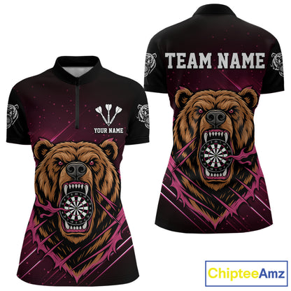 Custom Pink And Brown Bear Dartboard 1/4-Zip Dart Shirt For Women Outfit Dart Team Jersey NYN1333
