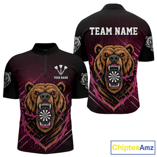 Custom Pink And Brown Bear Dartboard 1/4-Zip Dart Shirt For Men Outfit Dart Team Jersey NYN1333