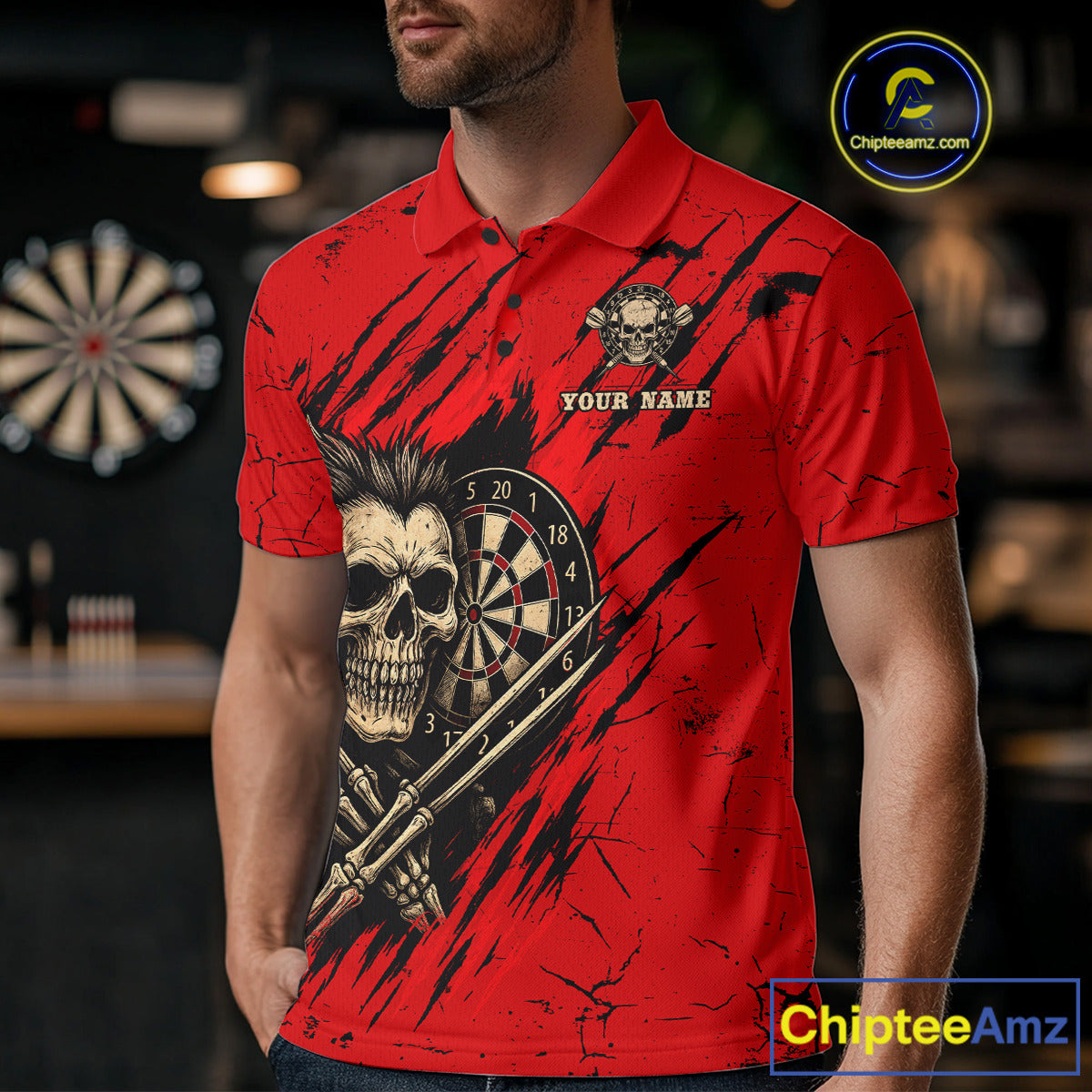 Skull Dartboard Strike Red Men's Darts Team Shirt - Custom Name For Darts Jersey NYN0502