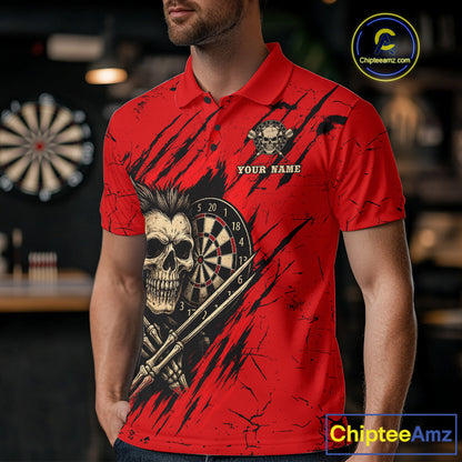 Skull Dartboard Strike Red Men's Darts Team Shirt - Custom Name For Darts Jersey NYN0502
