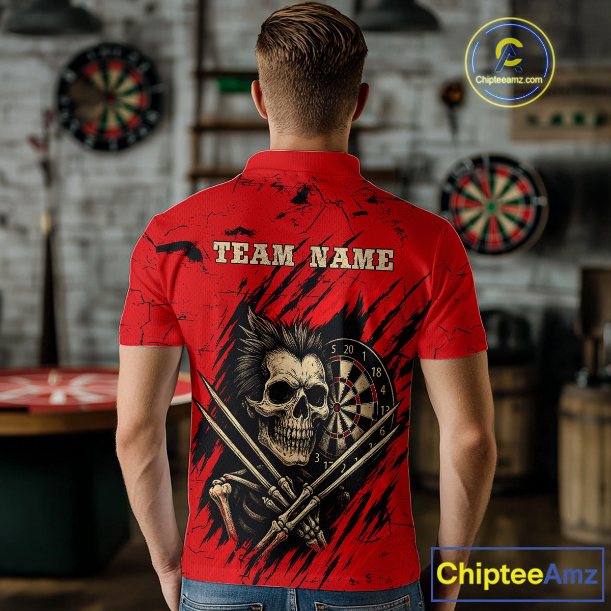 Skull Dartboard Strike Red Men's Darts Team Shirt - Custom Name For Darts Jersey NYN0502