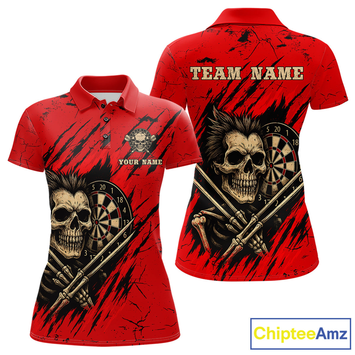 Skull Dartboard Strike Red Women's Darts Team Shirt - Custom Name For Darts Jersey NYN0502