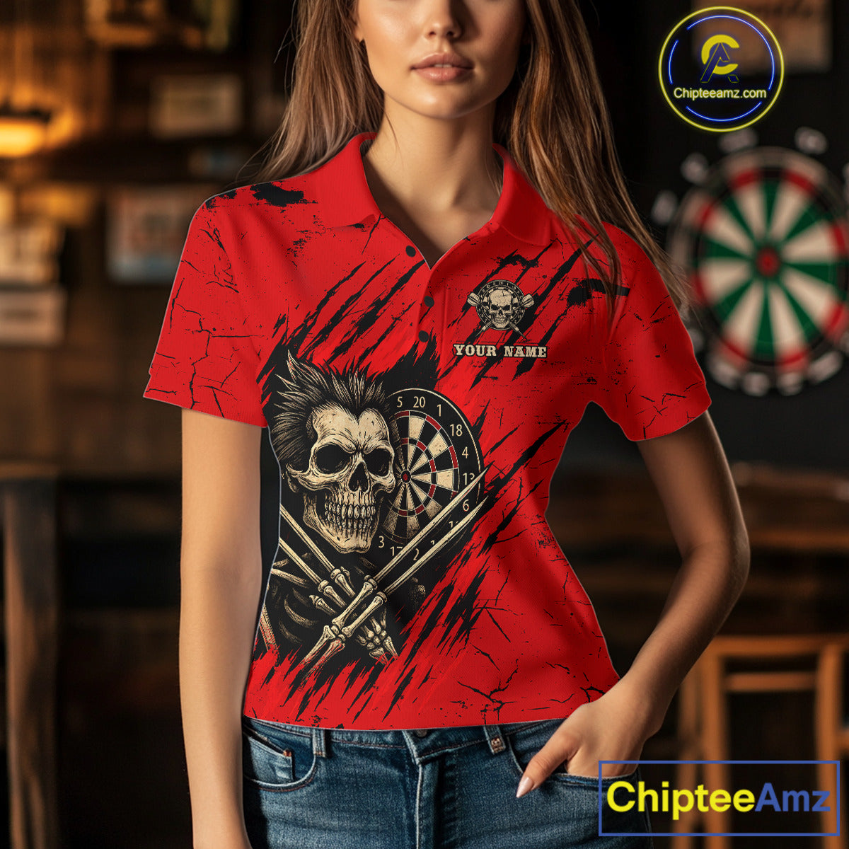 Skull Dartboard Strike Red Women's Darts Team Shirt - Custom Name For Darts Jersey NYN0502